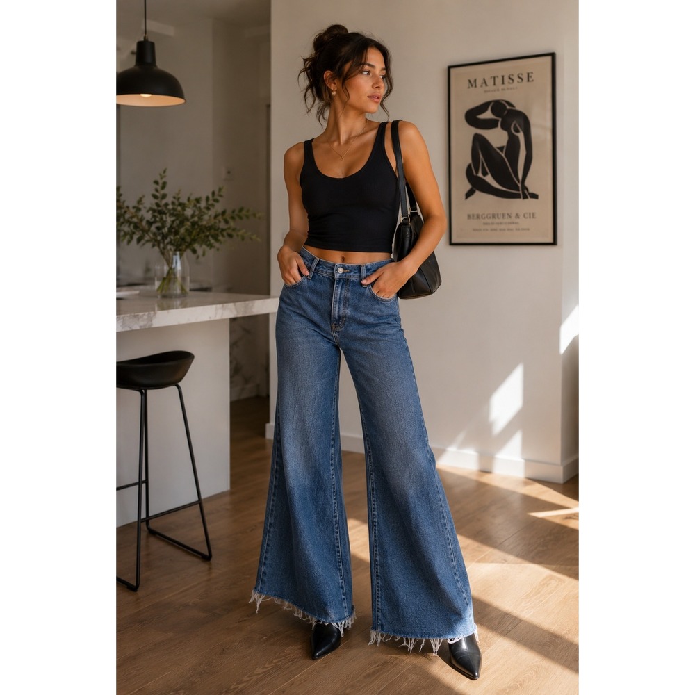 Zara Women Wide Leg High Rise Jeans Size 4 Dark Blue Denim Minimalist Y2K Casual